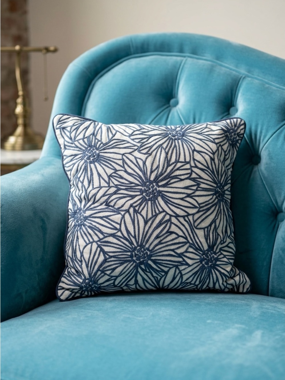 Natural Cotton Country Farm Pillow White & Blue Flowers Floral Square 16" x 16"